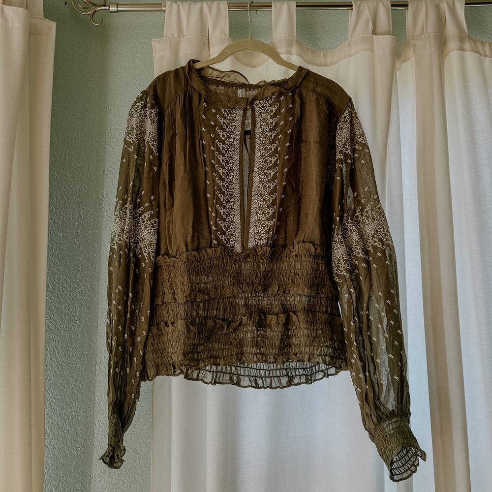 Anthropologie Embroidered Puff Sleeve Top XL